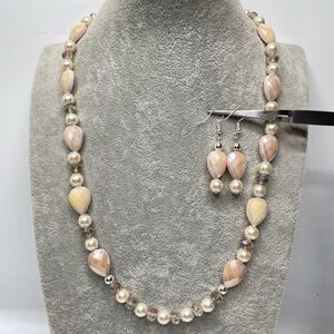Artisan Blush Beige Pear Cut Glass Beaded Faux Pearl Necklace Earrings Set